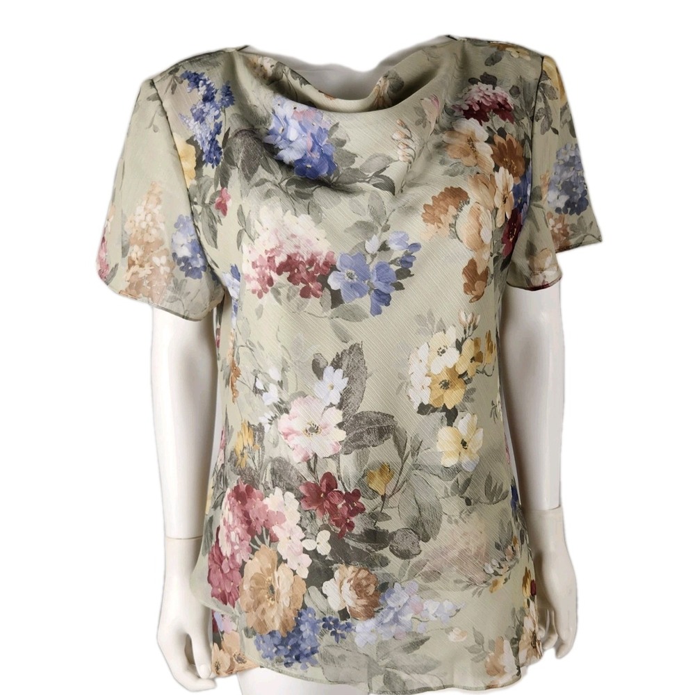 90s Coldwater Creek Floral Chiffon Cowl Neck Cottage/Grandma/Classic Blouse  16